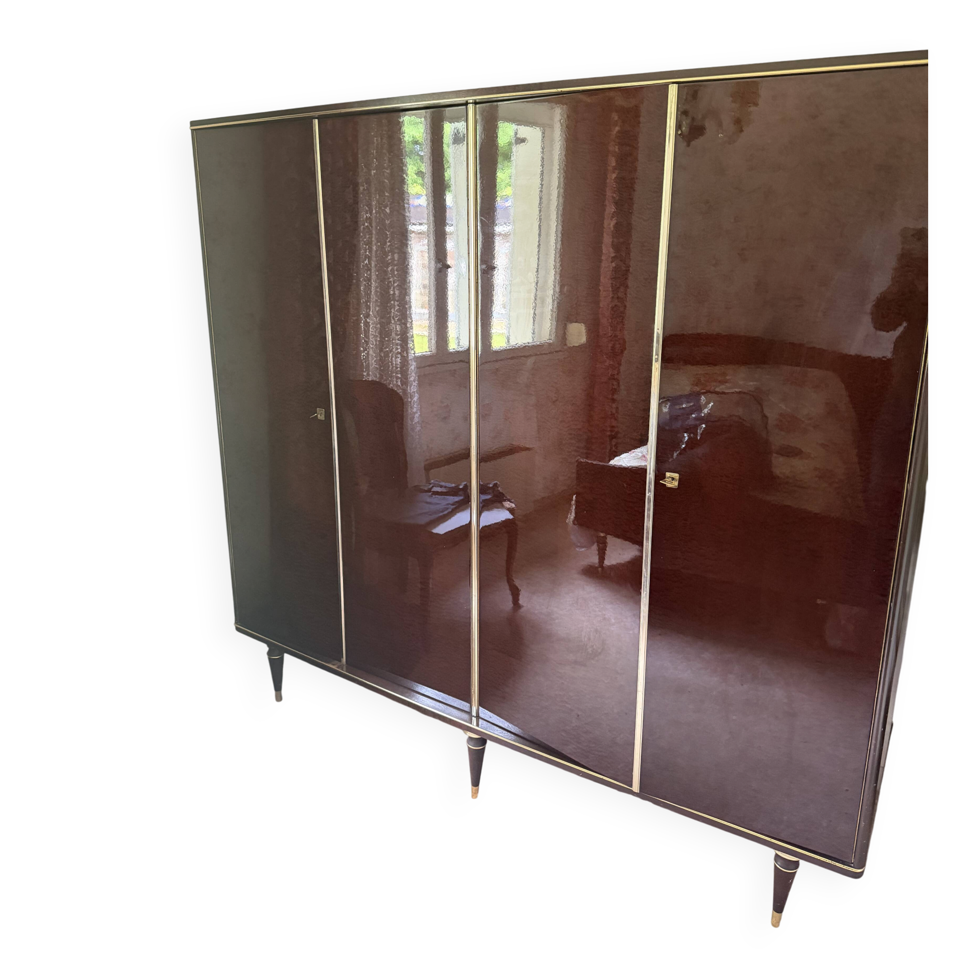 Large vintage wardrobe with 4 doors in brown and gold – dressing 198 cm