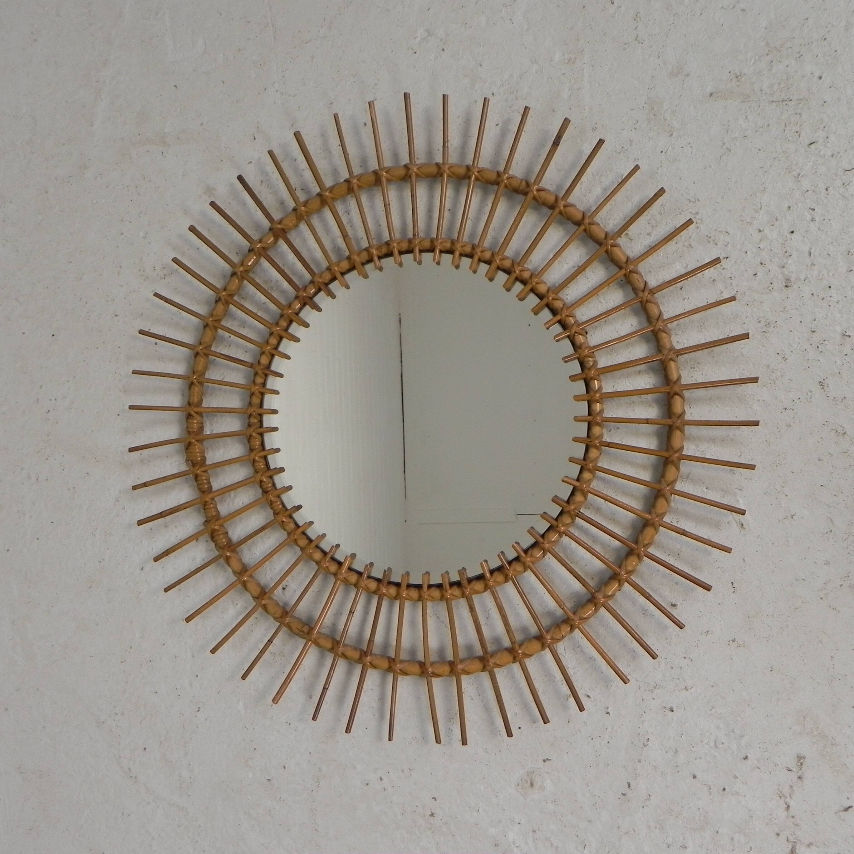 Vintage round bamboo mirror with faceted glass, 1950s