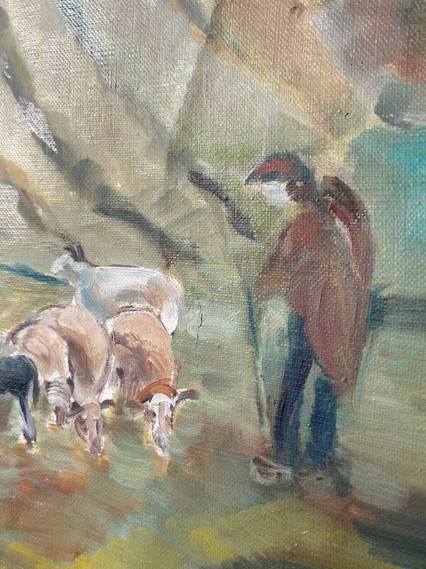 Tableau ancien huile sur toile montagne et berger