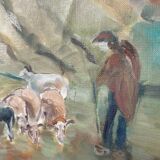 Old painting oil on canvas mountain and shepherd