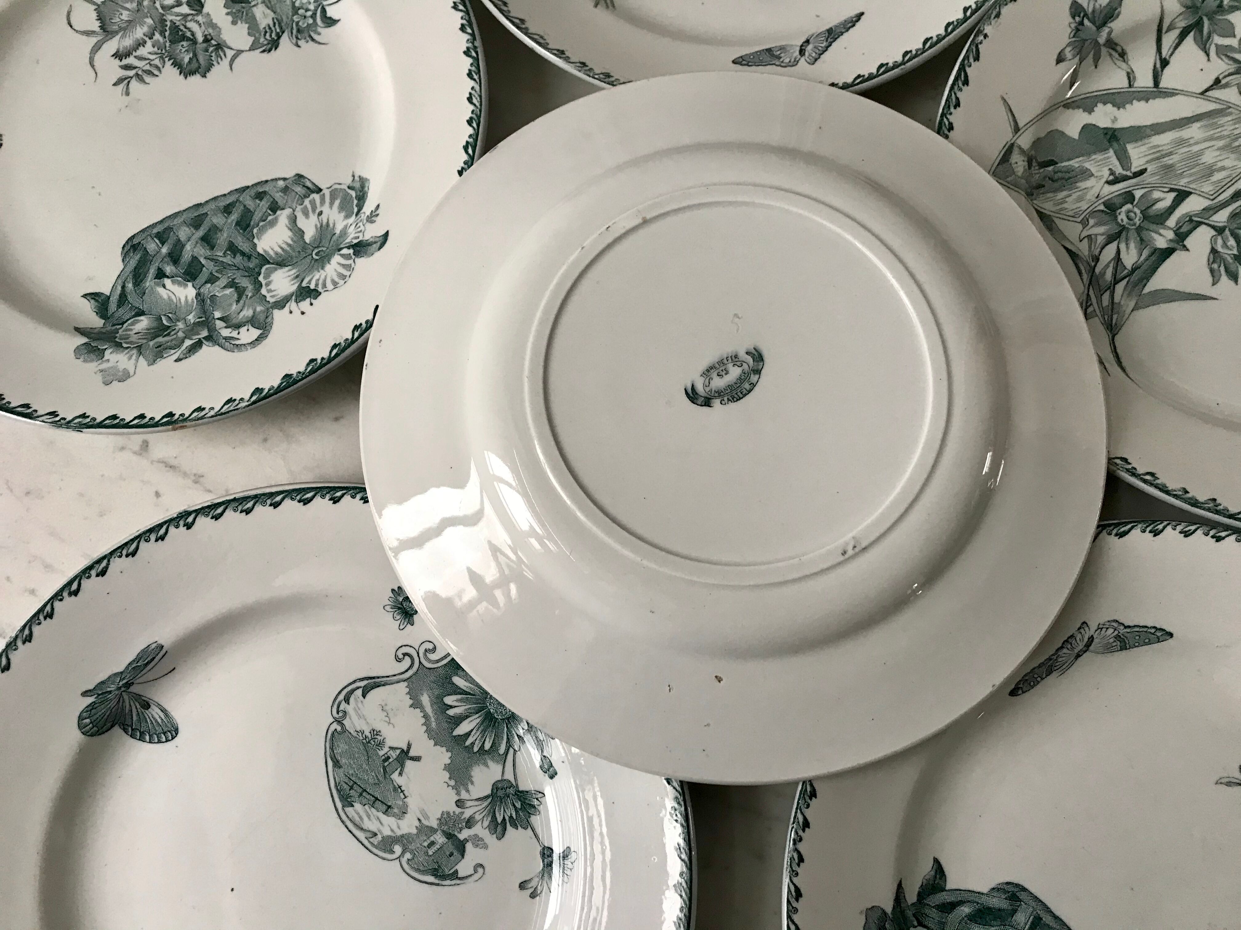 Set of 6 flat plates terre de fer saint-amand model "cartels" xixth