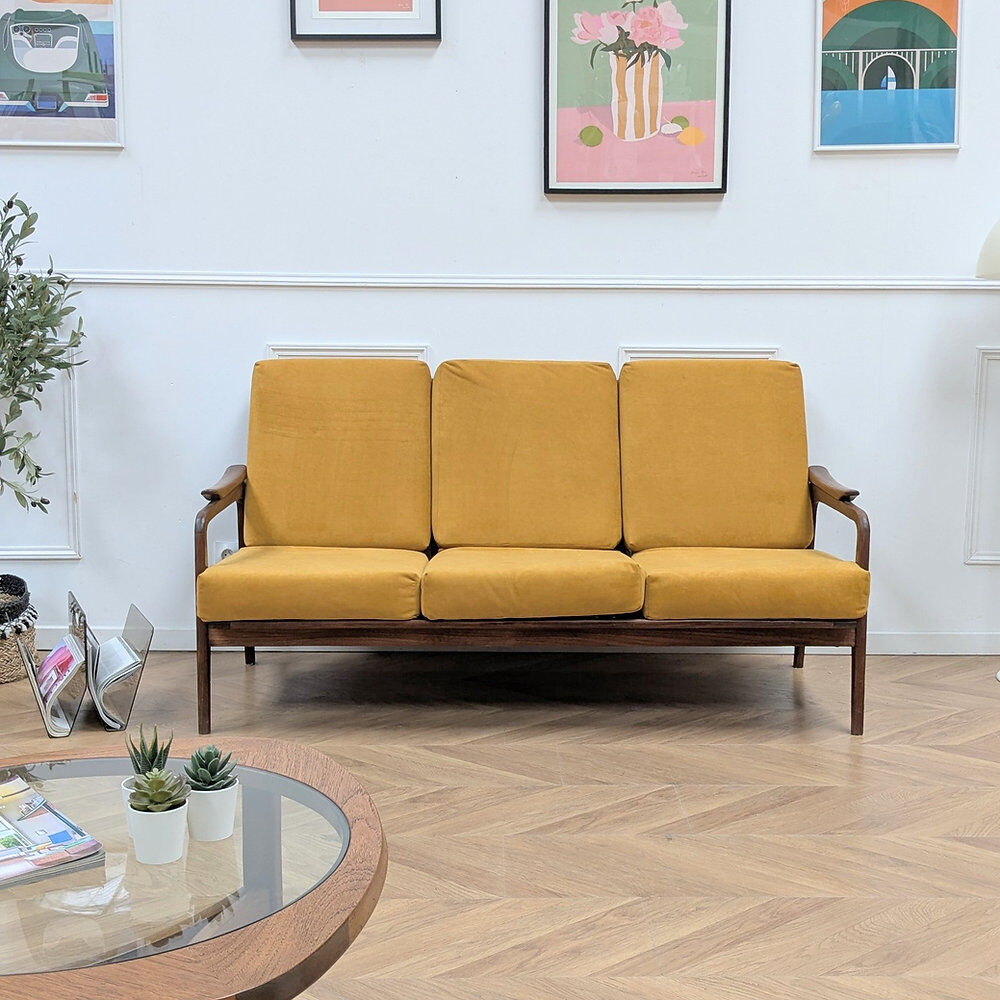Second-hand Danish teak canapé, reupholstered in yellow, 1960s.