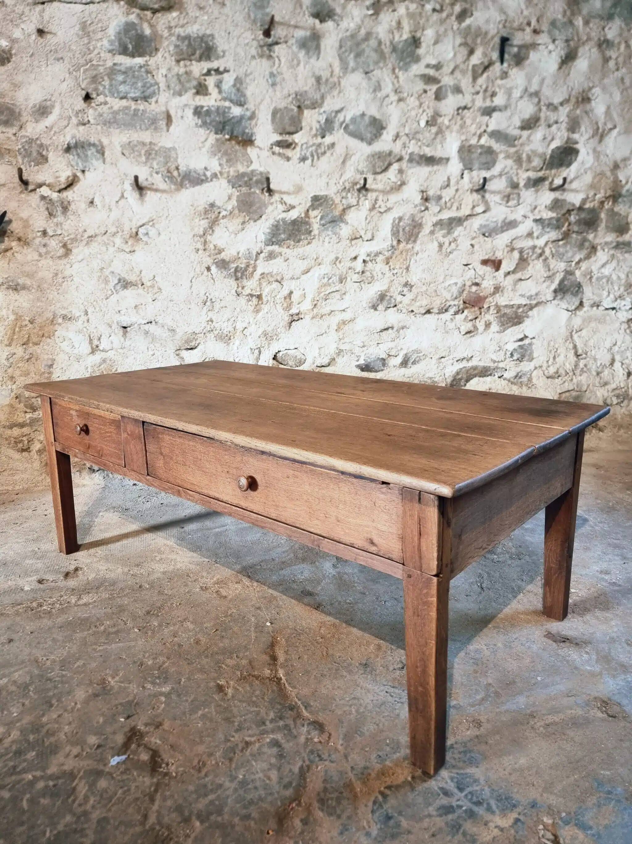 Table basse ancienne en chêne français – Table de ferme rustique du XIXe siècle avec tiroir et panneau de rangement coulissant, vers 1850