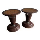 Set of 2 Art Nouveau dark brown wood side tables with natural rattan woven tops and metal details