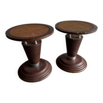 Set of 2 Art Nouveau dark brown wood side tables with natural rattan woven tops and metal details