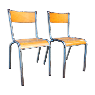 Pair of chairs school metal gray and vintage wood adult size
