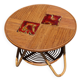 Rattan and ceramic coffee table Audoux & Minnet style 1950