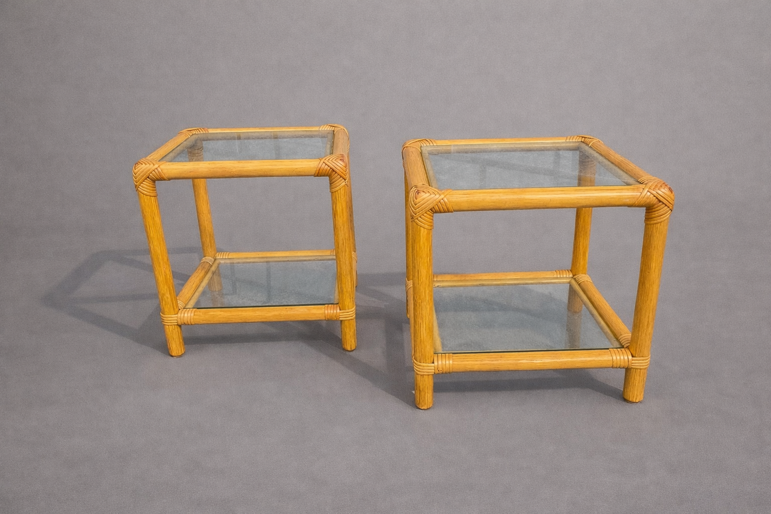 Pair of rattan and glass side tables – 1970s vintage style
