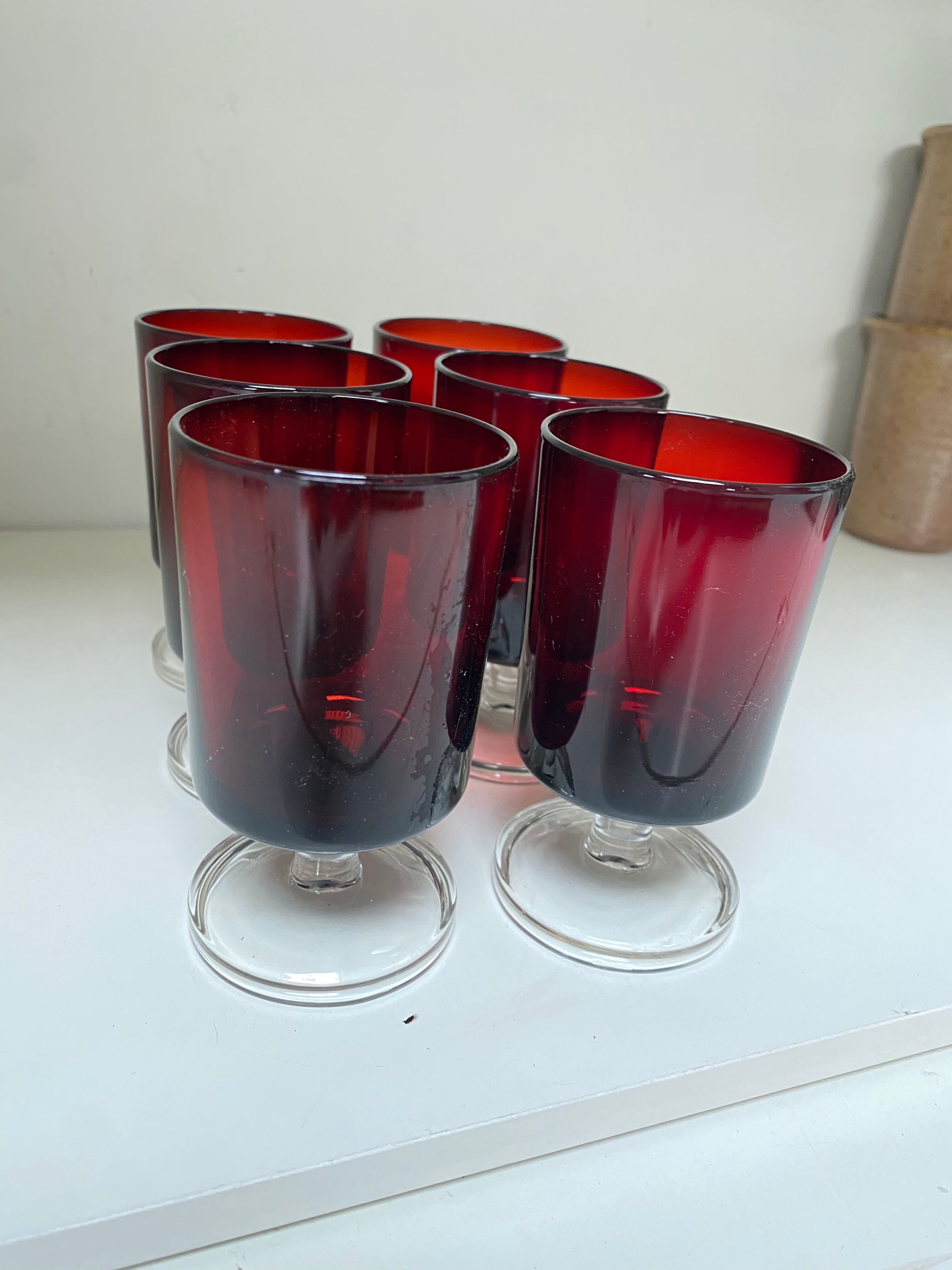 Set of 6 vintage red foot glasses