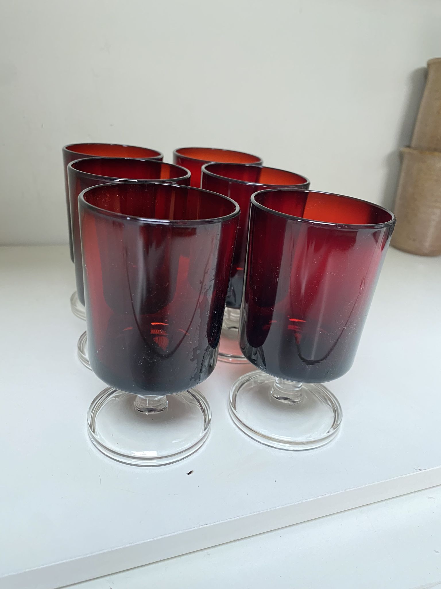 Set of 6 vintage red foot glasses