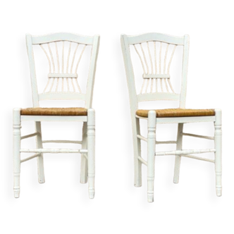 Paire de chaises paillées blanches vintage