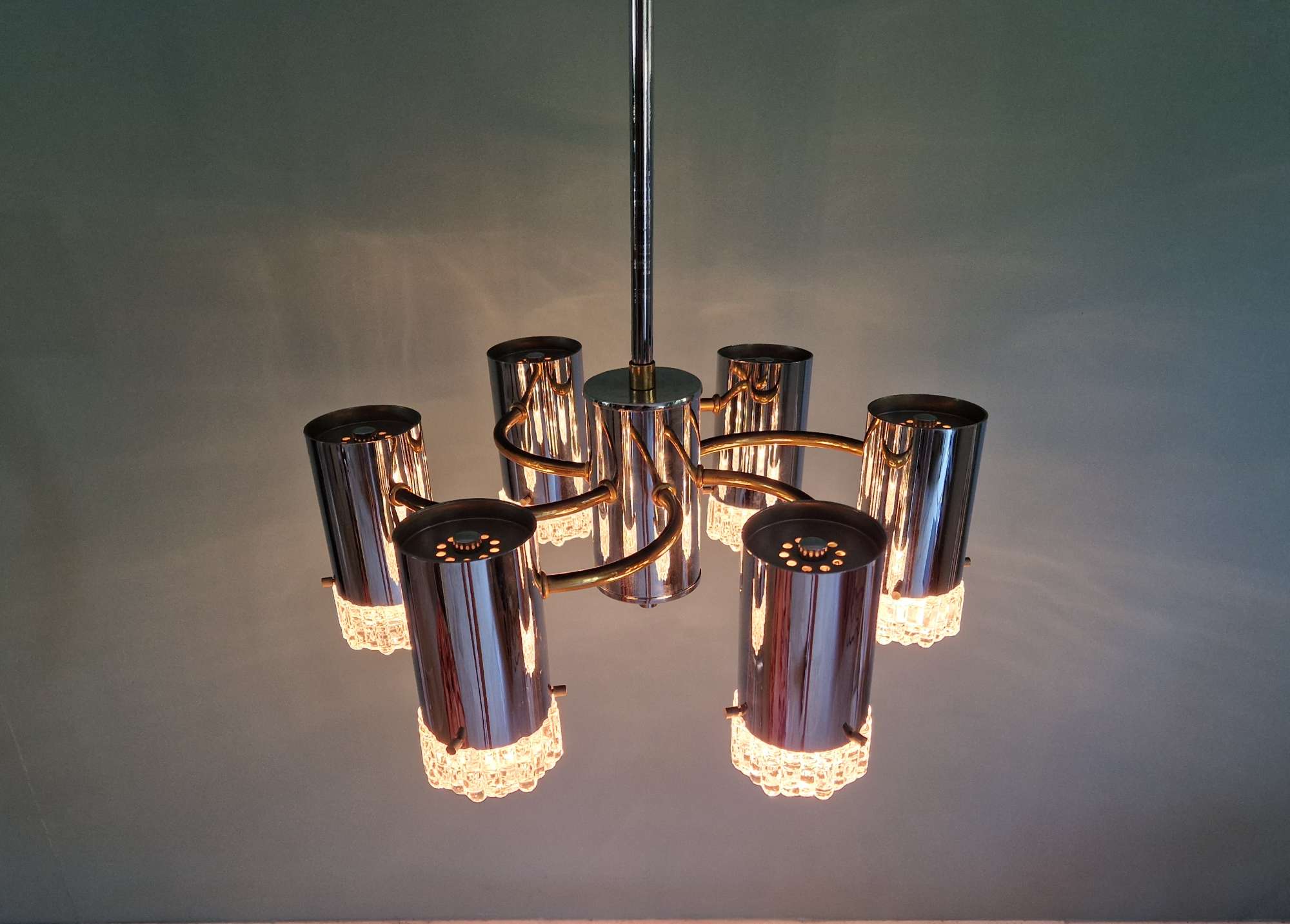 Chrome and brass Space Age chandelier, 1970s.