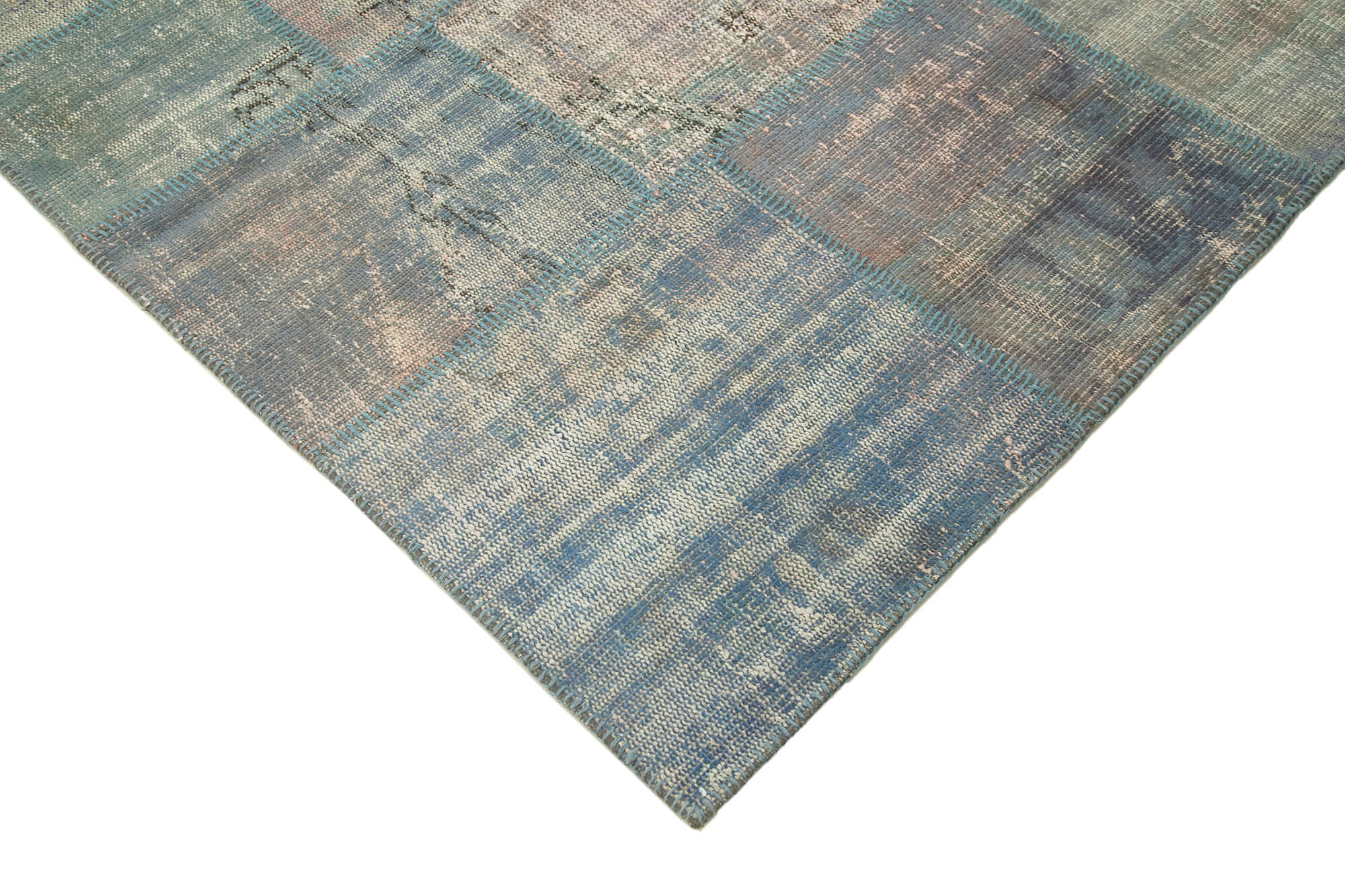 Handwoven turkish contemporary 175 cm x 242 cm blue patchwork carpet