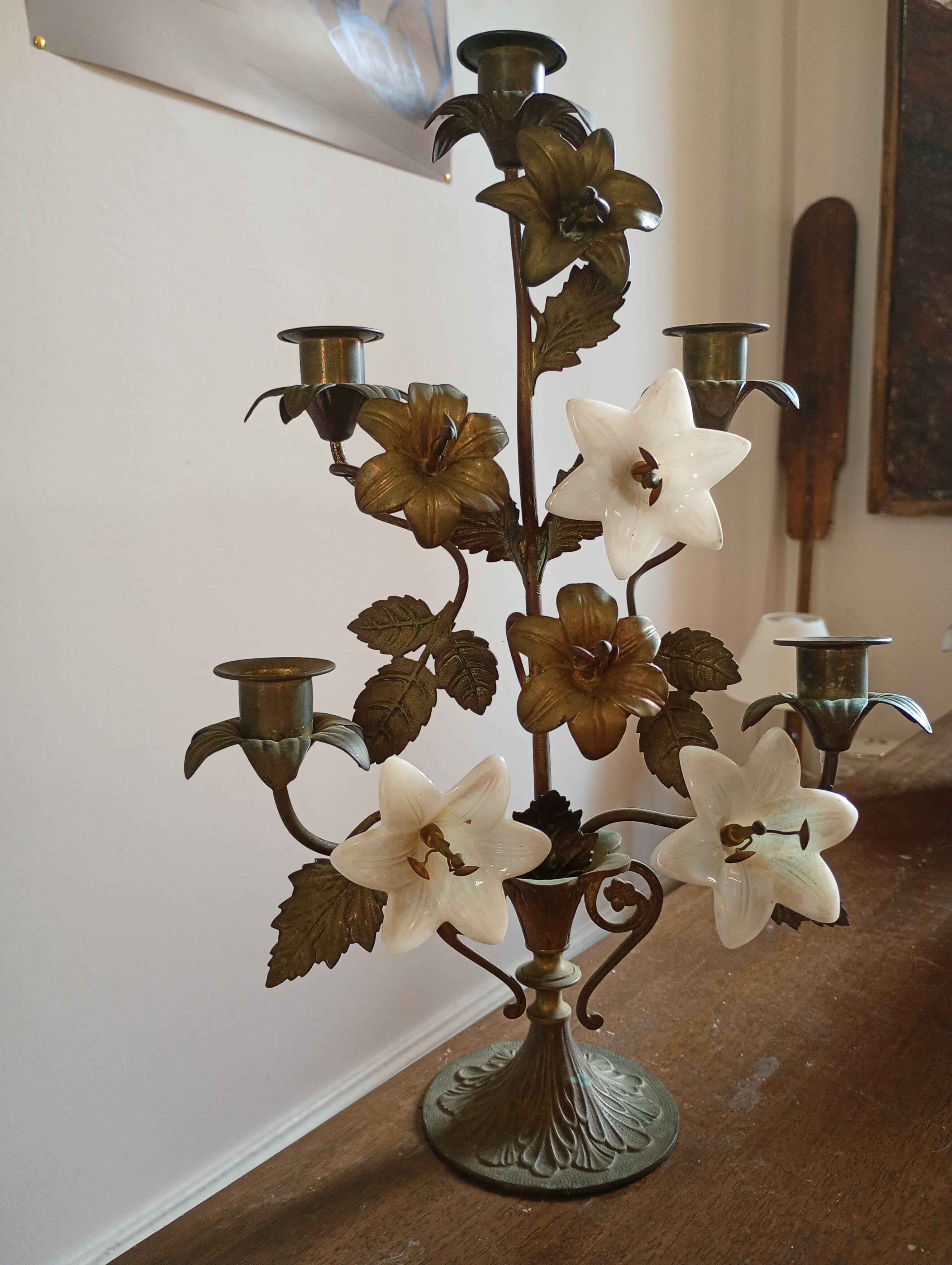 Church candelabrum in brass and glass