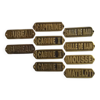 Lots de 10 plaques de porte de bateau vintage en laiton décor marine nautique