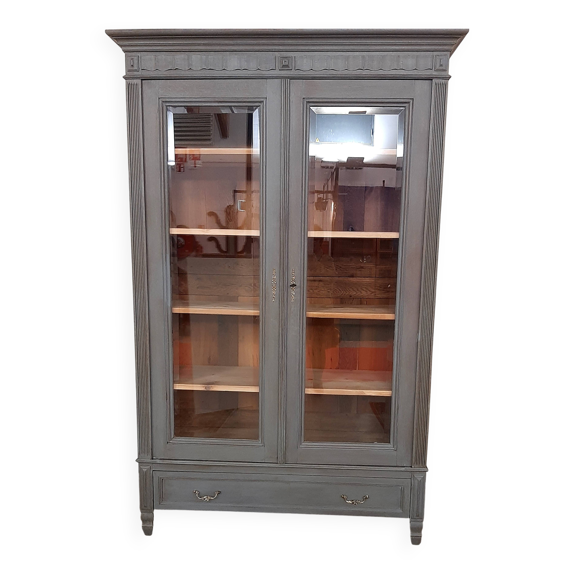 Ancienne Armoire Bibliothèque vitrée Patinée Gris