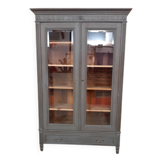 Ancienne Armoire Bibliothèque vitrée Patinée Gris