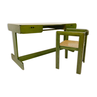 Mid century modern green wooden desk & chair