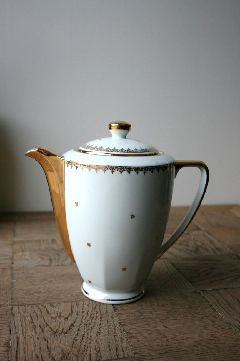 White and gold Limoges porcelain teapot