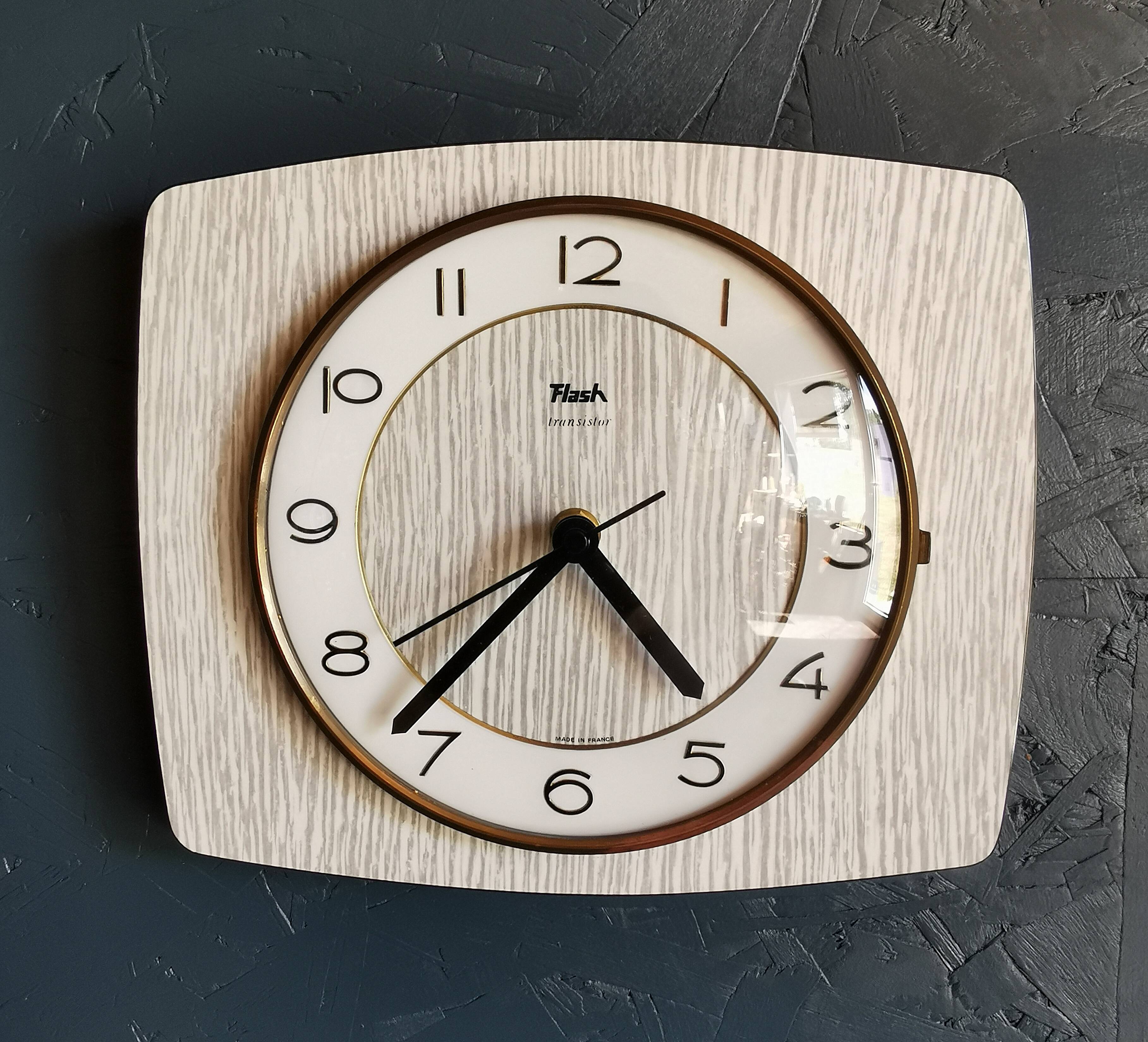 Vintage formica clock silent rectangular wall clock "Flash gray white"