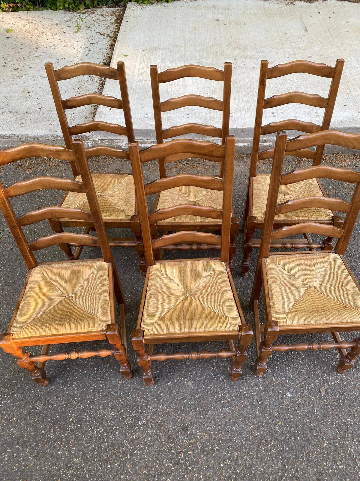 6 solid oak and straw chairs, high back, 102cm