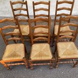 6 solid oak and straw chairs, high back, 102cm