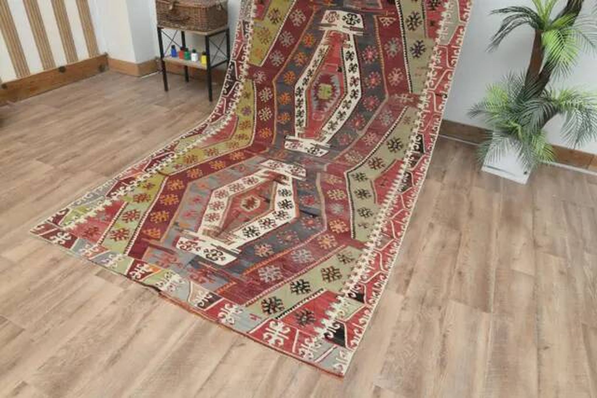 1970s Vintage Turkish Handmade Wool Cotton Colorful Kilim Rug 157x365