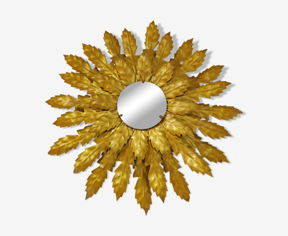 Miroir soleil en métal doré vintage avec lumière des années 60