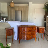 Commode marquetterie and its two bedside tables marble and bronze