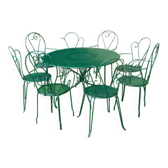 Garden furniture 1 table 6 armchairs 2 green wrought iron wagon chairs
