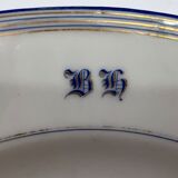 Round dish white monogrammed with blue border 34cm