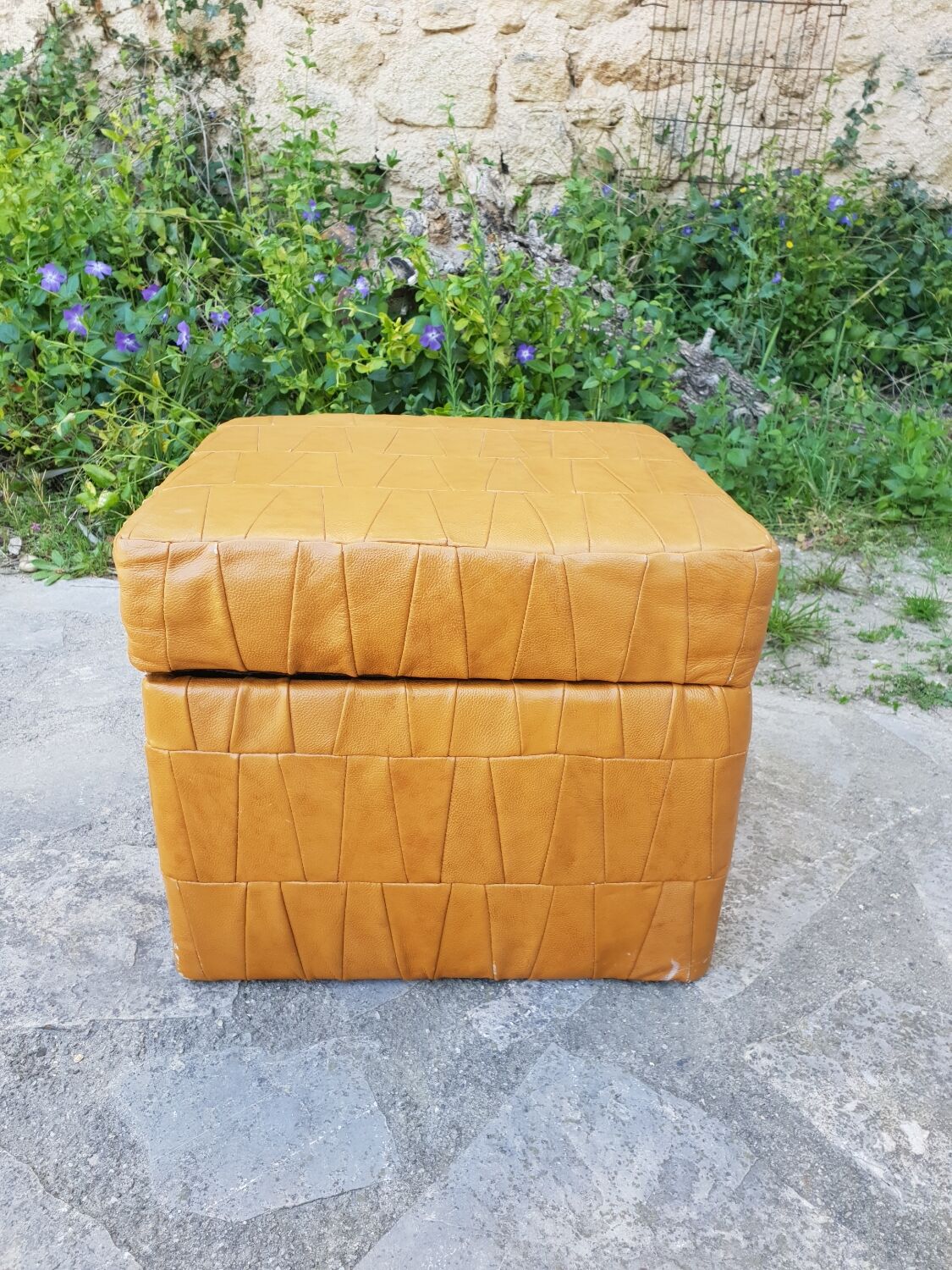 Leather patchwork chuff pouf 1970