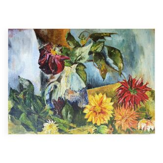 Old painting jug and summer flowers signed.