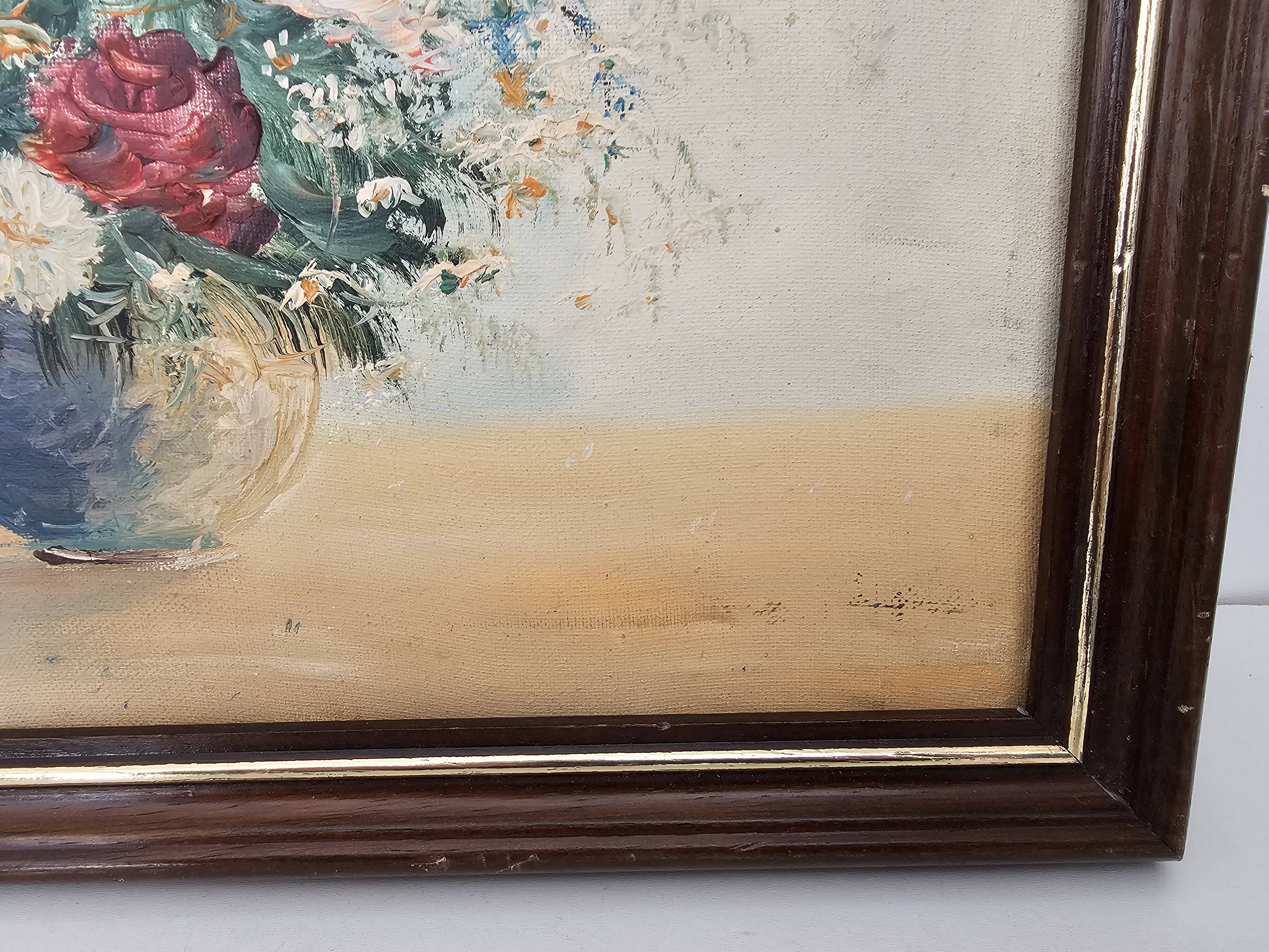 Oil painting on canvas, Bouquets of roses and tulips, signed Hire