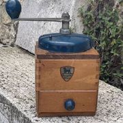 Peugeot Freres coffee grinder in wood and vintage blue metal