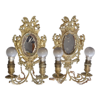 Pair of gilded bronze sconces with Louis XV style mirror