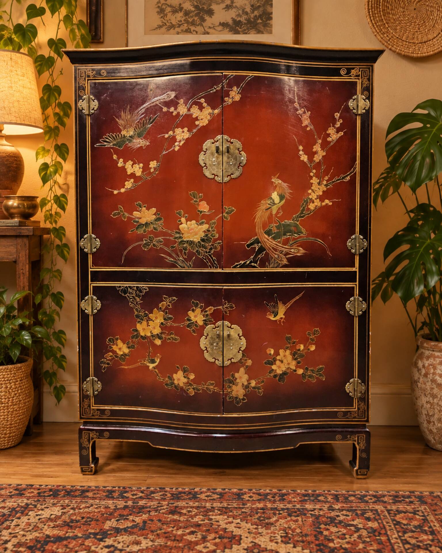 Vintage Chinese red and gold cabinet with flowers and birds (lacquer cabinet)