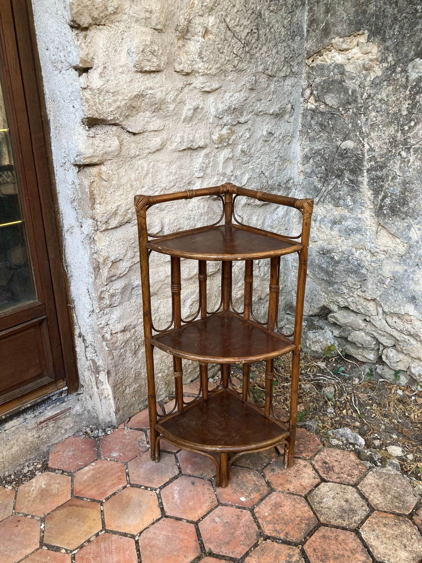 Vintage rattan corner shelf