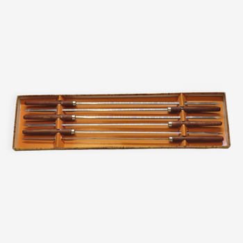 Set de 6 piques à brochettes vintage en inox et bois dans leur boîte