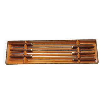 Set de 6 piques à brochettes vintage en inox et bois dans leur boîte