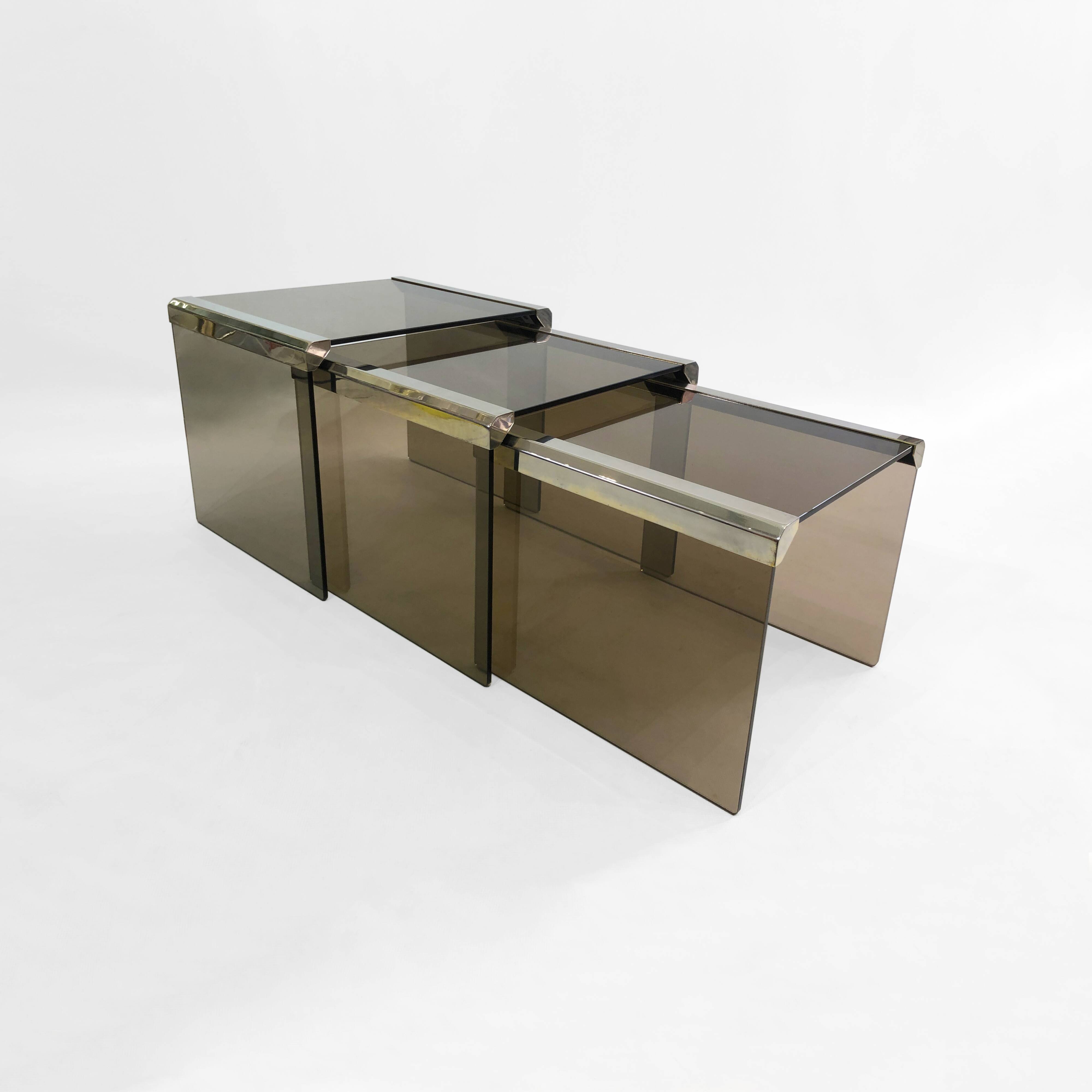 Gallotti & Radice ‘Tris’ T35 Smoked Glass Nest Side Tables Chrome