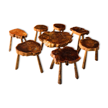 Ensemble de 7 tabourets + 1 table basse - mouvement brutaliste