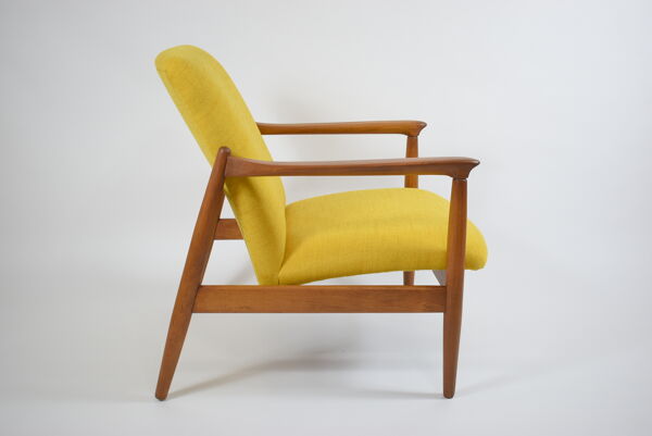 Fauteuil vintage design E.Homa, années 1960, entièrement restauré, tissu jaune