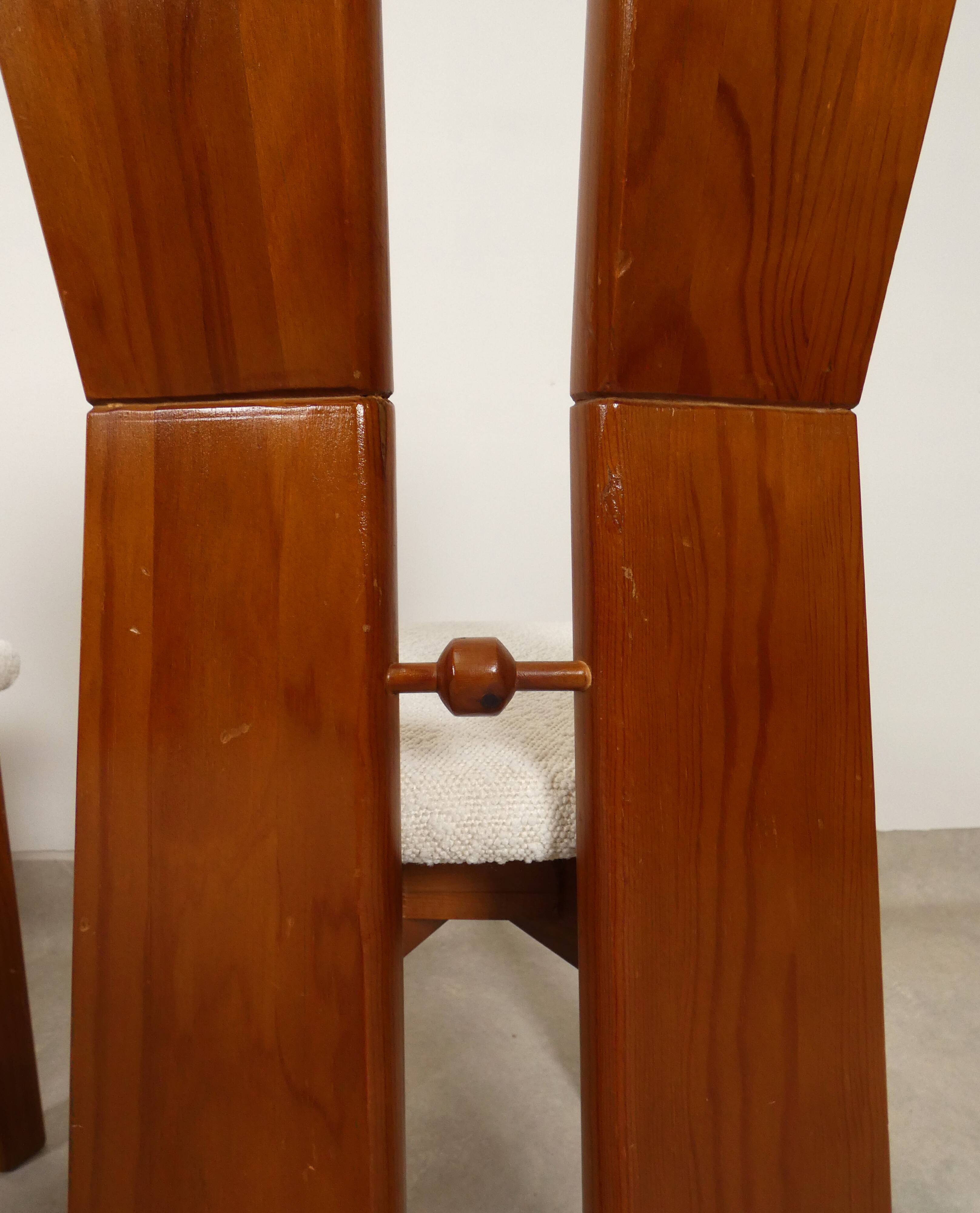 70's brutalist dining chairs in oak with bouclé fabric