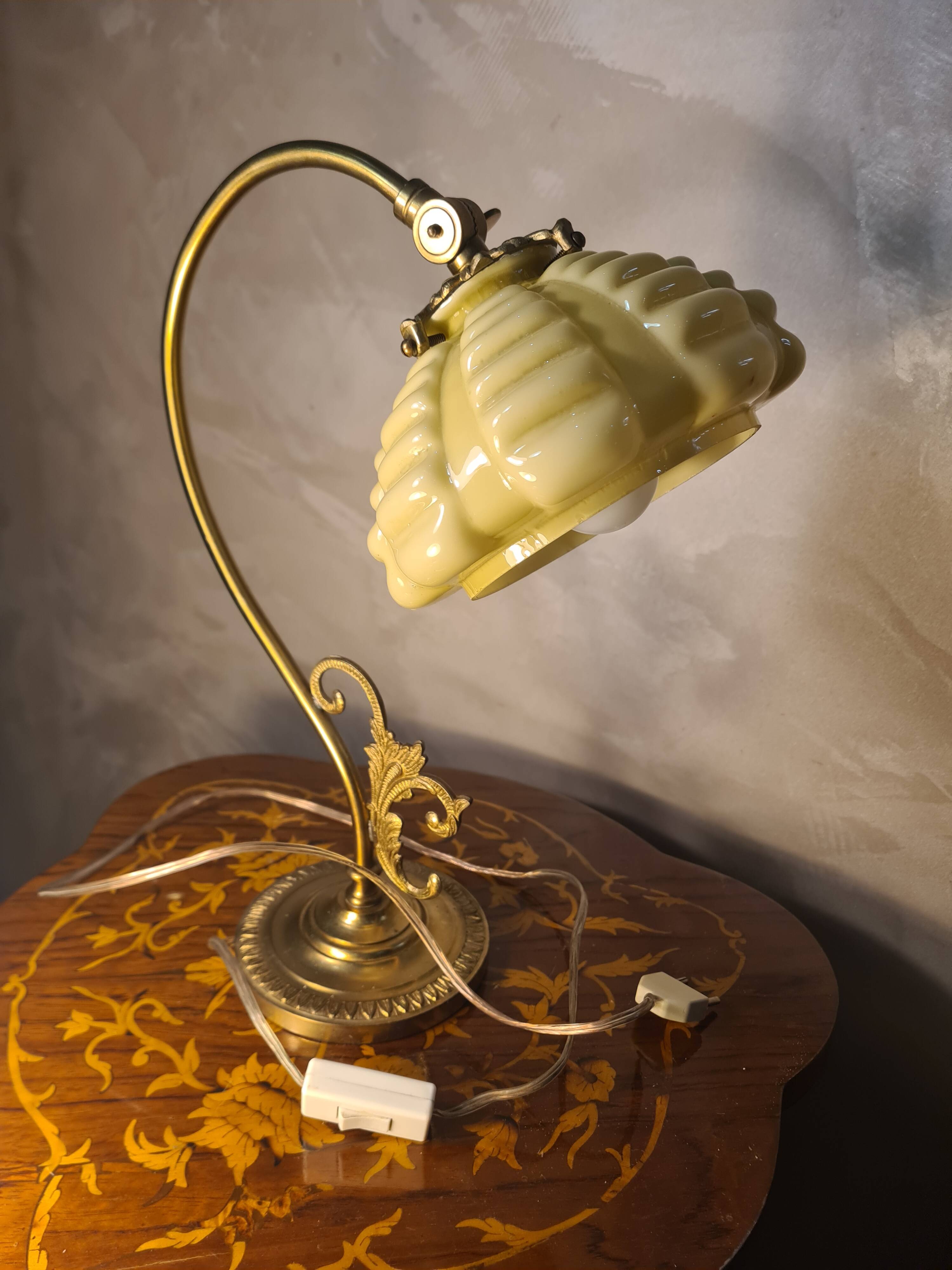 Bronze and brass lamp, opaline shade, 1950.