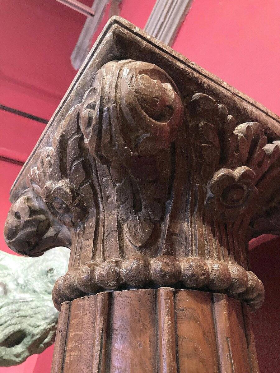 19th Century Italian Architectural Corinthian Wood Columns on Sandstone Plinths, Set of 2