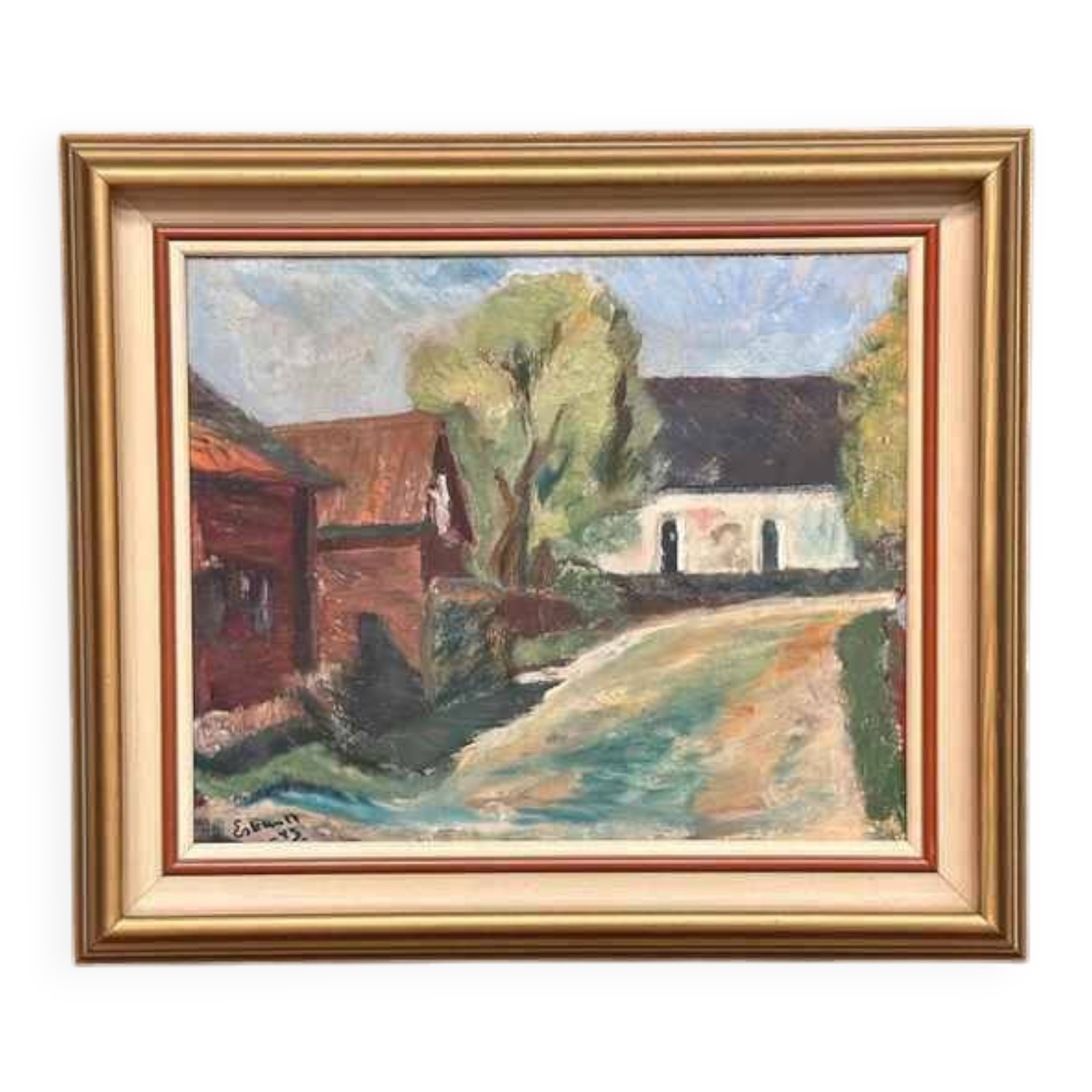 Original Mid Century Swedish Oil On Canvas – “Suburbia” By Erik Hult