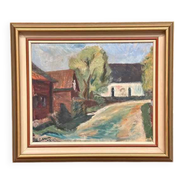 Original Mid Century Swedish Oil On Canvas – “Suburbia” By Erik Hult