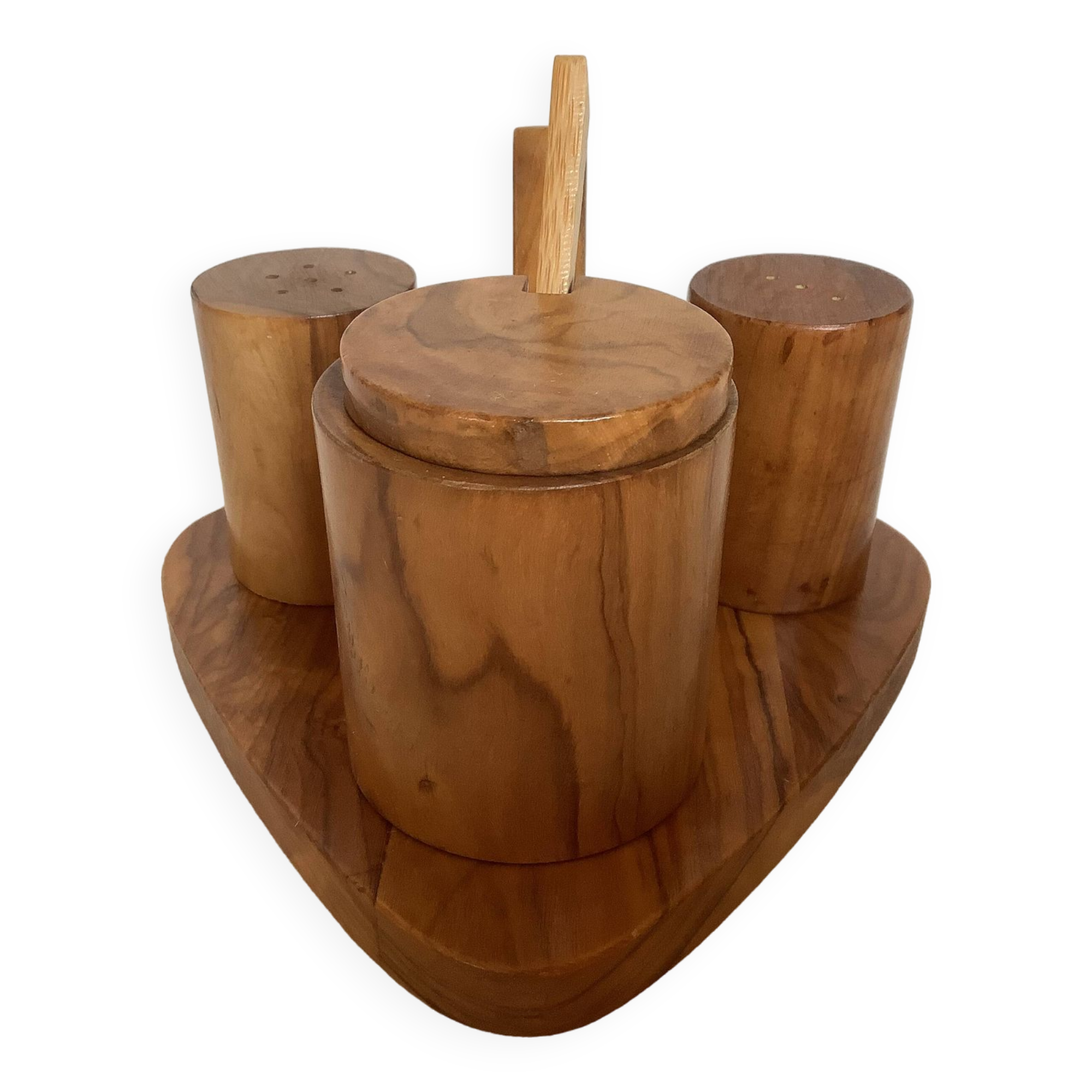 Olive wood mustard salt and pepper server