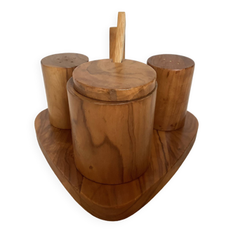 Olive wood mustard salt and pepper server